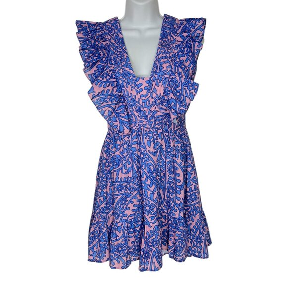 KLEID Victoria Mini Dress Ruffle Pink Blue Paisley Summer Party Fit and Flare XS - Picture 3 of 9
